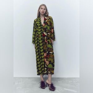 Zara Green and Black Botanical Print Maxi Dress
